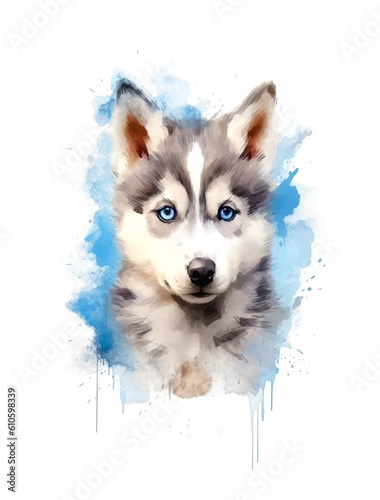 Cute Siberian Husky puppy on white background  cartoon watercolor illustration. Generative AI.