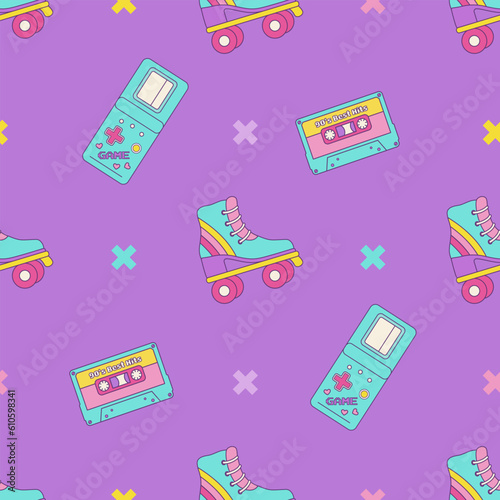 Vintage seamless pattern 80s 90s, roller skates, cassette tape, geometric shapes in Memphis style. Vector retro print on checkered background