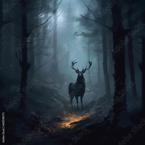 A bad deer alone fighting dramatic light dark fores | Generative AI 