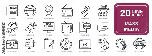 Mass media thin line icons. Editable stroke. For website marketing design, logo, app, template, ui, etc. Vector illustration.