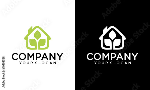 Green house vector logo template. Vegan symbol, eco logo. Leaf and natural logo concept.