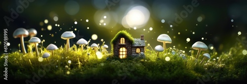 little mushroom house on green meadow with sunlight