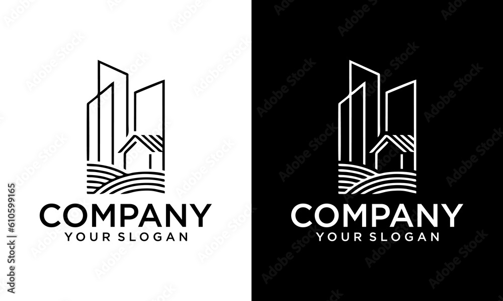 Real Estate Logo design vector template Linear style. House on Water wave Logotype concept icon.