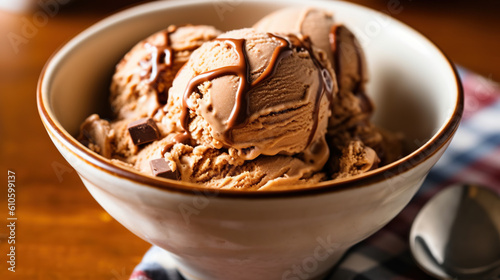 Bowl of delicious chocolate and coffee ice cream with chocolate chips. Generative AI and digital editing.