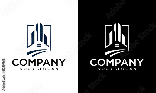 Real Estate Logo design vector template Linear style. House on Water wave Logotype concept icon.