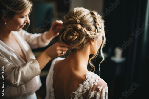 The bride having her hair styled by a professional hairstylist. Wedding, preparations for the wedding, bokeh Generative AI