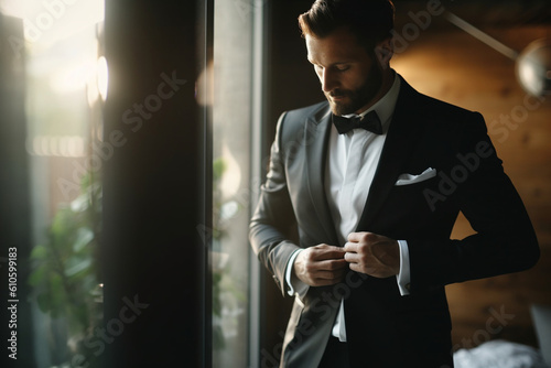 The groom getting dressed in his wedding suit. Wedding, preparations for the wedding, bokeh Generative AI