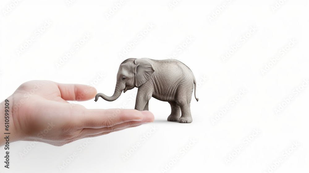 A hand showing a small baby elephant on a white background. World Animal Day, Generative AI