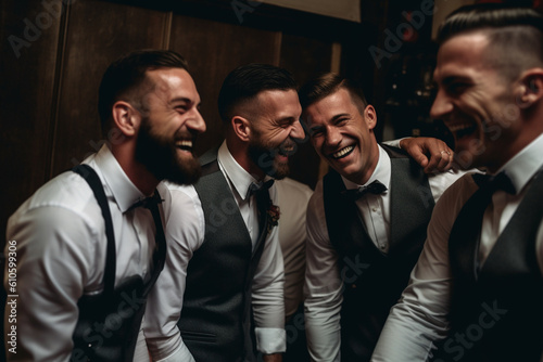 The groom and his groomsmen getting ready together, sharing a laugh. Wedding, preparations for the wedding, bokeh Generative AI