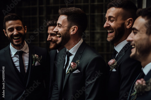 The groom and his groomsmen getting ready together, sharing a laugh. Wedding, preparations for the wedding, bokeh Generative AI photo