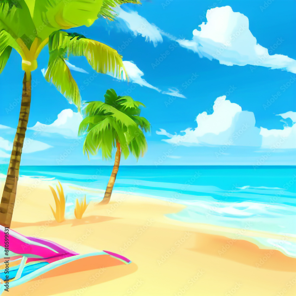 The beach is bright, palm trees sand water, rest on the beach, Generative ai