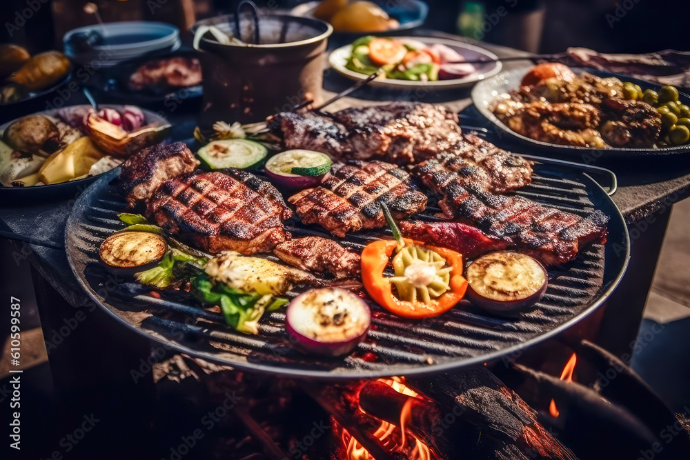  delicious grilled beef steaks on barbecue grill with flame. Good food. Picnic concept. Generative AI