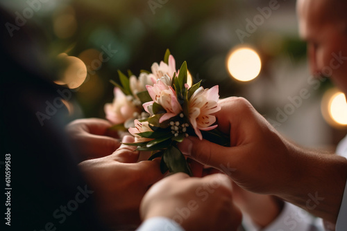 The groom and his groomsmen fastening their boutonnieres. Wedding, preparations for the wedding, bokeh Generative AI © Лариса Лазебная