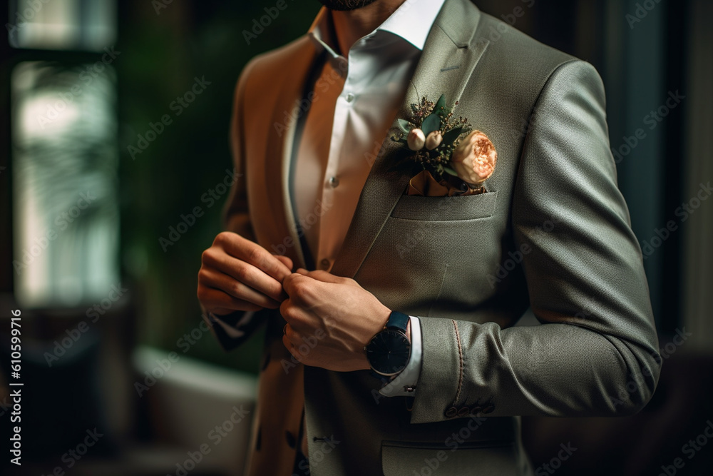 Naklejka premium The groom adjusting his pocket square in his jacket. Wedding, preparations for the wedding, bokeh Generative AI