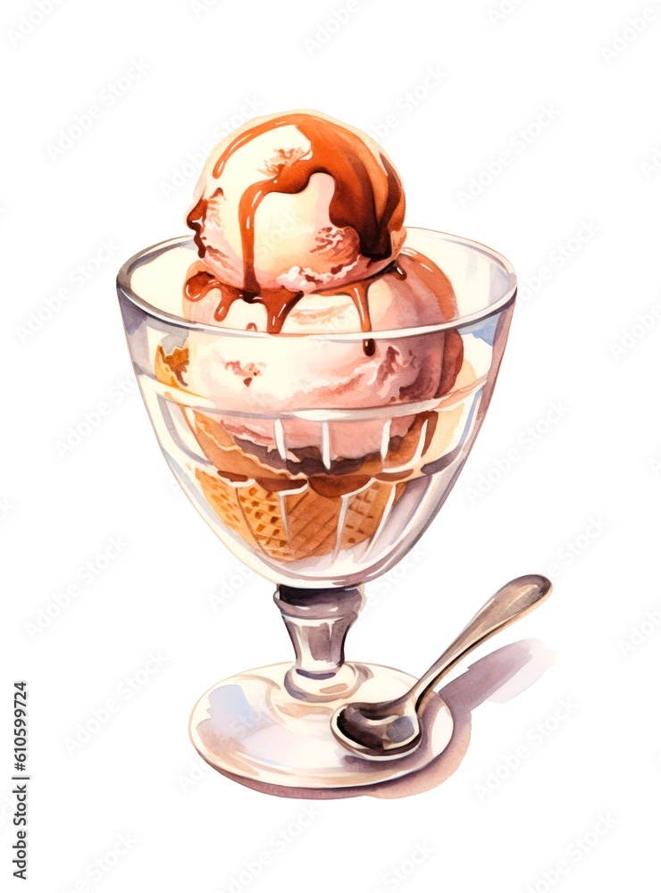 Caramel ice cream in a glass on white background in watercolor style. Generative AI. Caramel ice cream in a glass on white background in watercolor style. Generative AI.