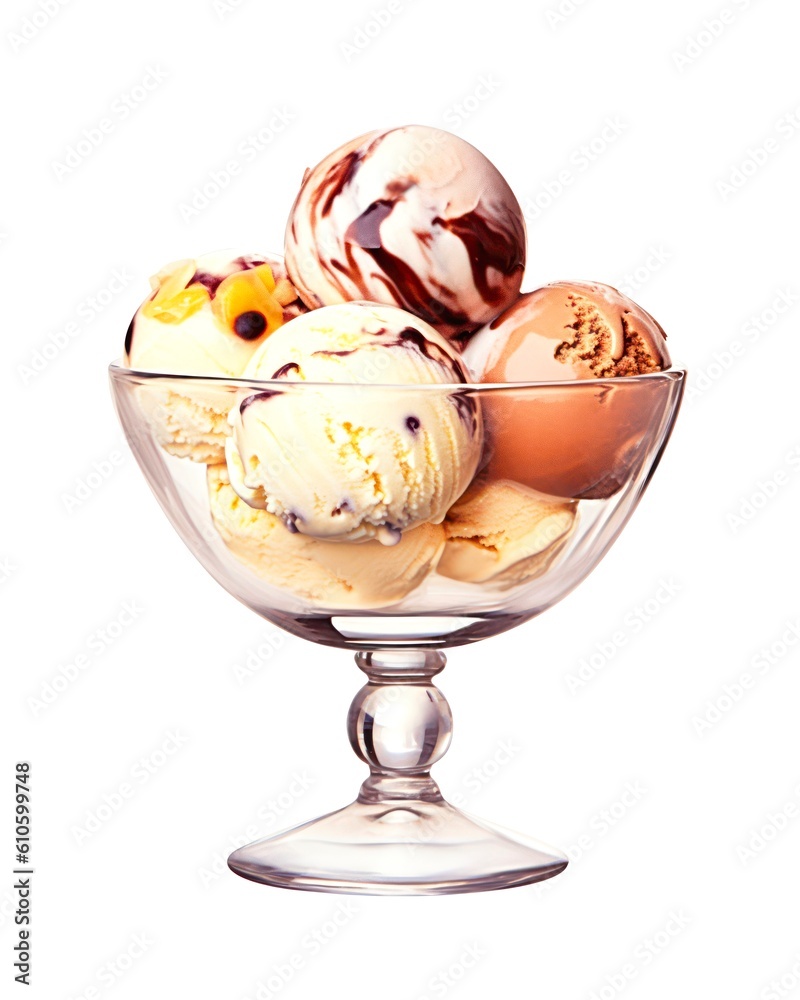 Ice cream scoops in a glass bowl on white background in watercolor style. Generative AI. Ice cream scoops in a glass bowl on white background in watercolor style. Generative AI.