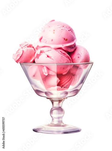 Watercolor illustration of pink ice cream scoops in a glass saucer isolated on white background. Generative AI.