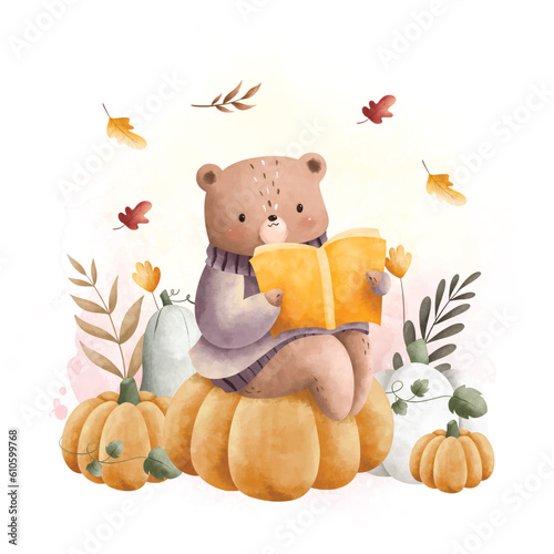 Watercolor Illustration cute bear reads book at pumpkin garden