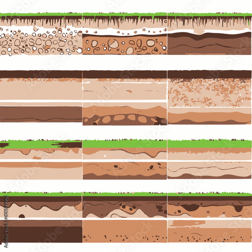 Seamless ground cross sections,layers under earth underground textures set. vector illustrations