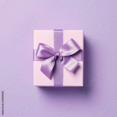 Top view on white gift box with violet ribbon and bow on pastel violet background. Generative AI.