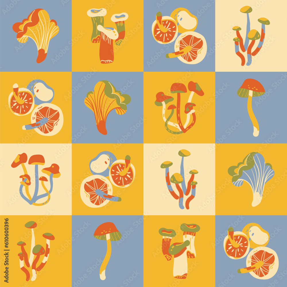 Mushroom tiles blue and yellow background. Vector hand drawn fungus food illustration for greeting card, fabric, wallpaper or wrapping paper