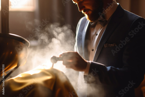 The groom's wedding suit being carefully steamed to perfection. Wedding, preparations for the wedding, bokeh Generative AI