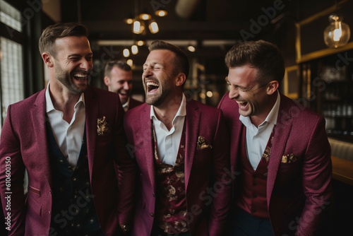 The groom and his groomsmen sharing a laugh while putting on their jackets. Wedding, preparations for the wedding, bokeh Generative AI