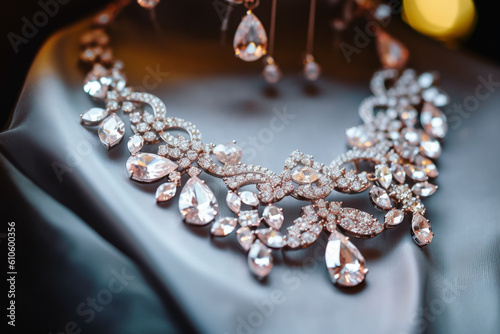 The bride's wedding accessories, such as earrings and a necklace, laid out for a photo. Wedding, preparations for the wedding, bokeh Generative AI