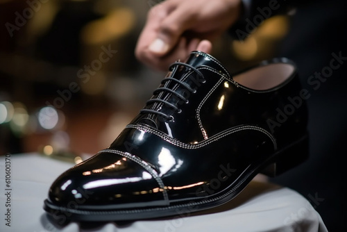 The groom's wedding shoes being shined to a glossy finish. Wedding, preparations for the wedding, bokeh Generative AI © Лариса Лазебная