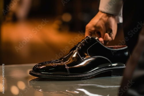 The groom's wedding shoes being shined to a glossy finish. Wedding, preparations for the wedding, bokeh Generative AI photo