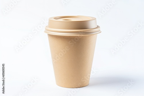 Beige ecological cardboard disposable cup with lid isolated on white background. Generative AI