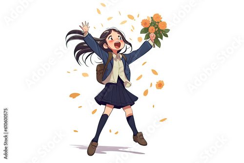 Illustration of a high school student in a school uniform with a backpack jumping for joy and holding a bouquet of autumn orange flowers in her hand on a white background. Generative AI