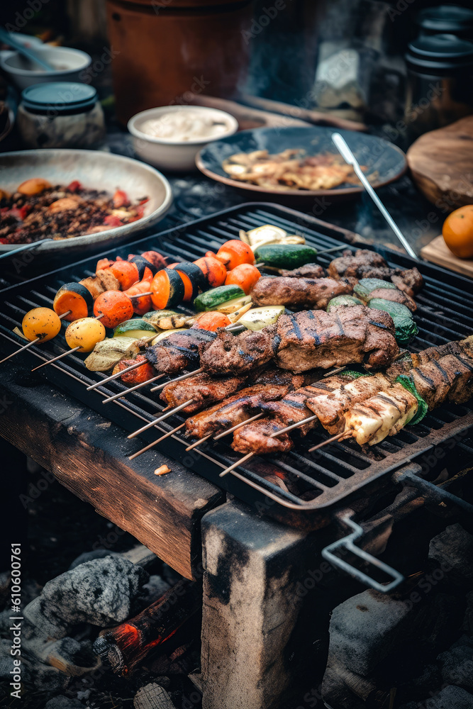 Tasty Grilled meat skewers, shish kebab with vegetables prepare on fire. Generative AI Tasty Grilled meat skewers, shish kebab with vegetables prepare on fire. Generative AI