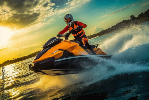 An action-packed image featuring engaging in thrilling water sports such as jet skiing. Concept the spirit of adventure and summer excitement. Generative AI © bluebeat76