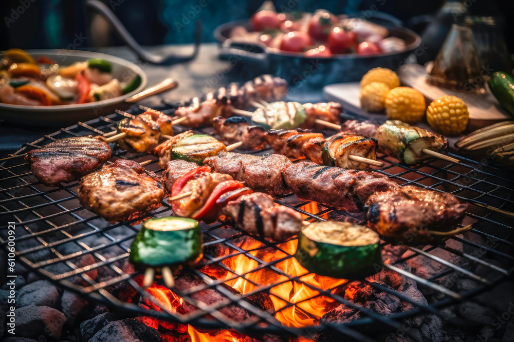 Tasty Grilled meat skewers, shish kebab with vegetables prepare on fire. Generative AI