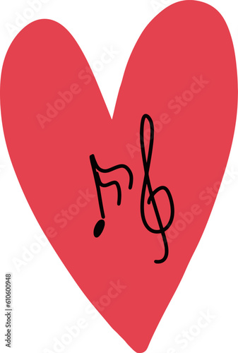 Heart symbol with notes and treble clef inside isolated on white. Conception of music in my heart
