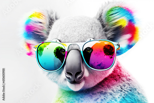 Cartoon colorful koala with sunglasses on isolated background. Created with generative ai photo