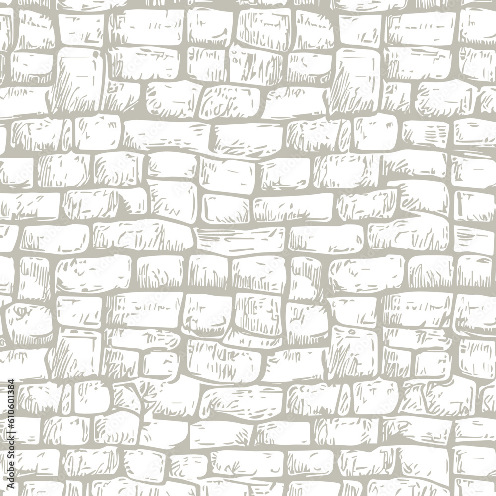 hand-drawn texture of brick wall or sett. castle  stone Seamless pattern of paver. Urban style structured ornament in line art style. Pattern design for travel outdoors. 
