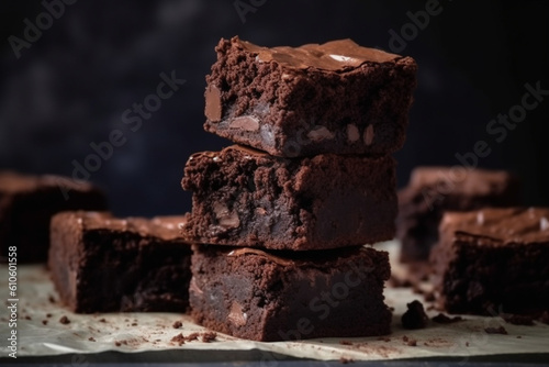 Home baked fudgy chocolate brownie sliced in square blocks and stacked one over the other