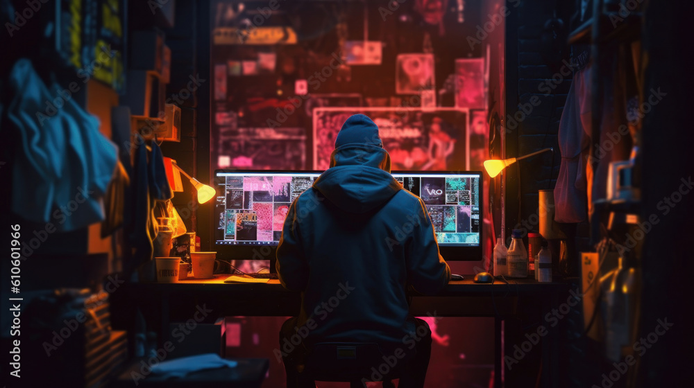 Developer or the hacker or player is seen from the back in a dark sweatshirt. Neon background