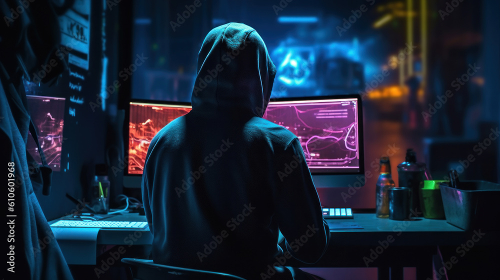 Developer or the hacker or player is seen from the back in a dark sweatshirt. Neon background Developer or the hacker or player is seen from the back in a dark sweatshirt. Neon background