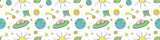 Vector color seamless childish pattern with cute aliens, planets, stars, Flying Saucers, UFO. Funny color background, texture for kids design, wrapping, wallpaper, textile, apparel