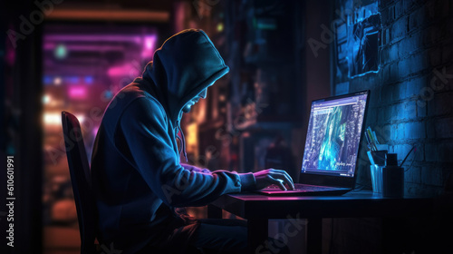 Developer or the hacker or player is seen from the back in a dark sweatshirt. Neon background