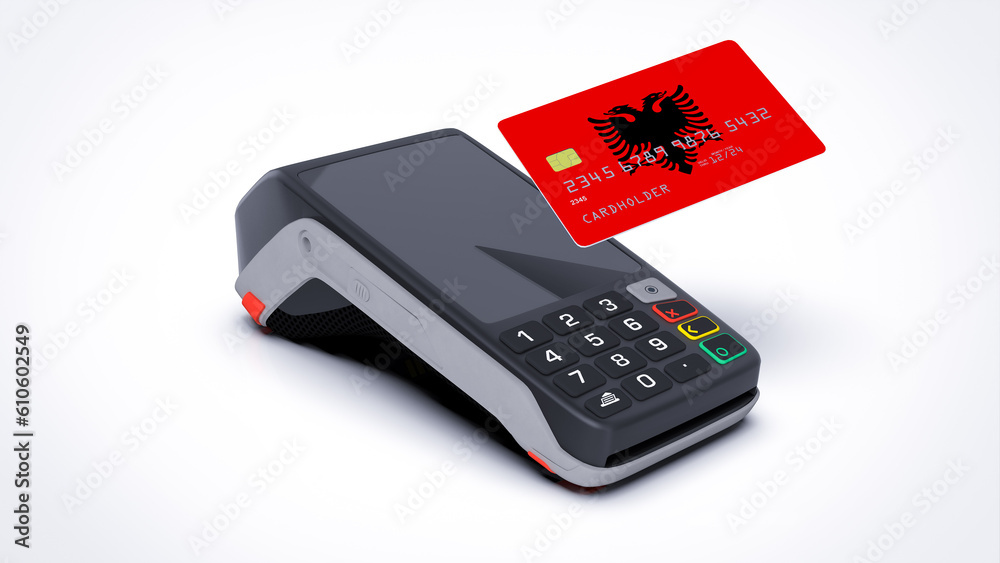 Albania country national flag on credit bank card with POS point of sale terminal payment isolated on white background with empty space 3d rendering image realistic mockup Albania country national flag on credit bank card with POS point of sale terminal payment isolated on white background with empty space 3d rendering image realistic mockup