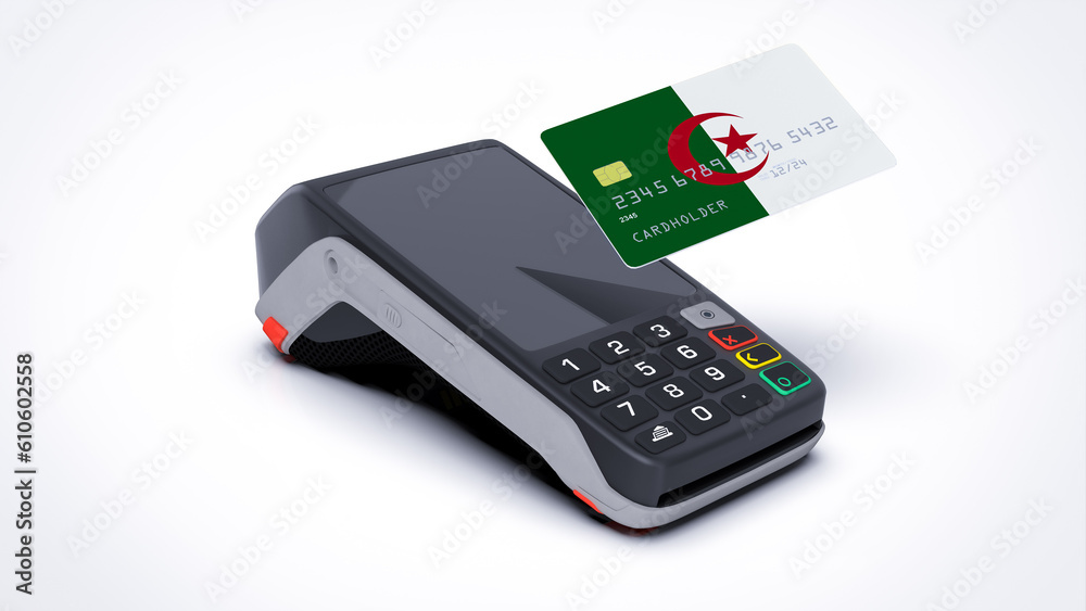 Algeria country national flag on credit bank card with POS point of sale terminal payment isolated on white background with empty space 3d rendering image realistic mockup Algeria country national flag on credit bank card with POS point of sale terminal payment isolated on white background with empty space 3d rendering image realistic mockup
