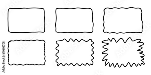 Rectangle doodle frame set. Doodle hand drawn wavy curve deformed textured frames. Border sketch. Vector illustration on a white background.