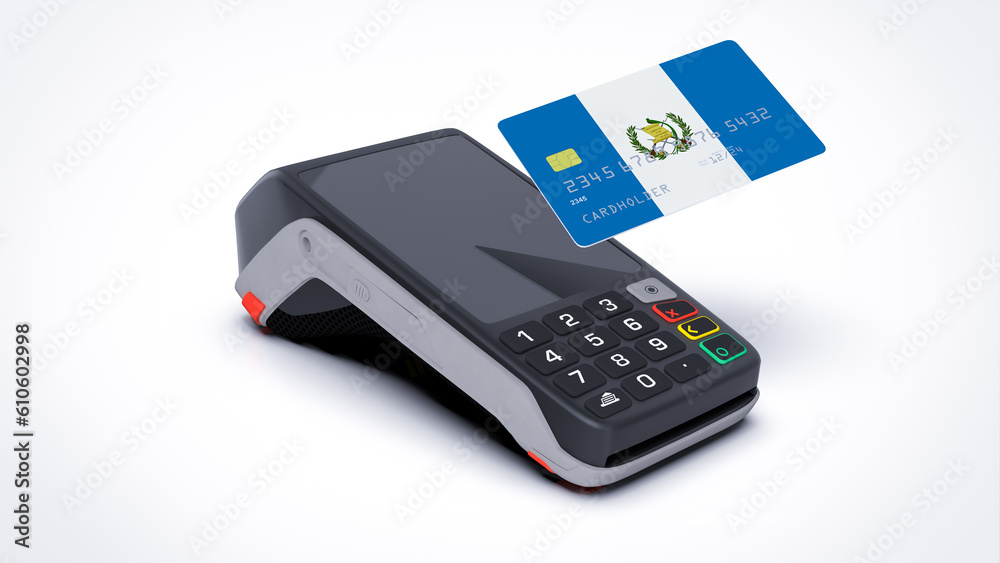 Guatemala country national flag on credit bank card with POS point of sale terminal payment isolated on white background with empty space 3d rendering image realistic mockup Guatemala country national flag on credit bank card with POS point of sale terminal payment isolated on white background with empty space 3d rendering image realistic mockup