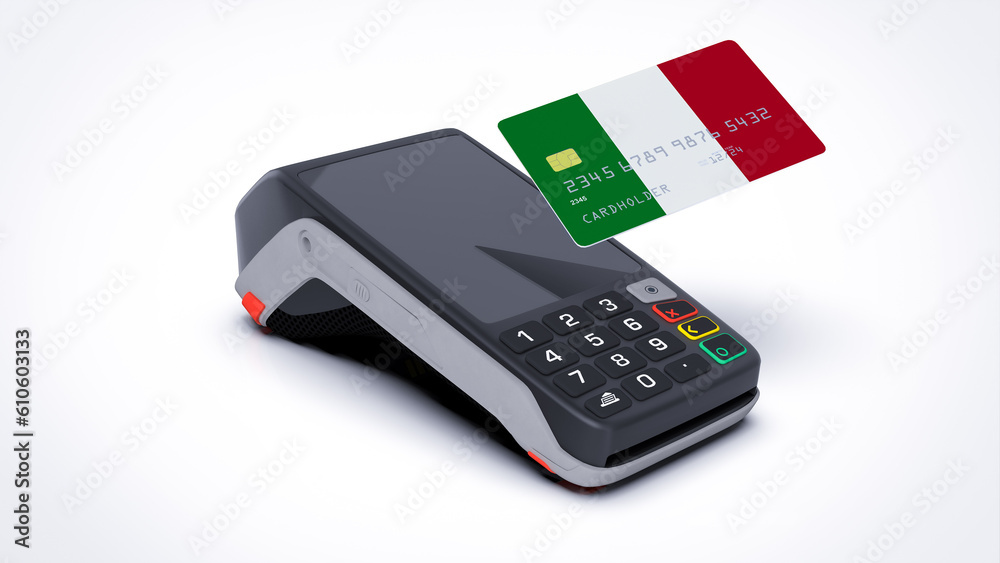 Italy country national flag on credit bank card with POS point of sale terminal payment isolated on white background with empty space 3d rendering image realistic mockup Italy country national flag on credit bank card with POS point of sale terminal payment isolated on white background with empty space 3d rendering image realistic mockup