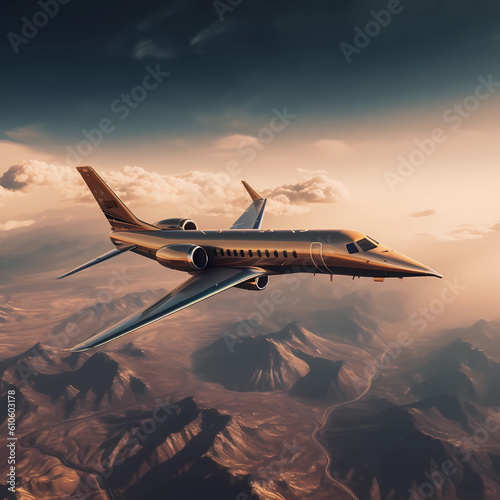 Golden Skies: Jet's Glorious Flight Over Desert Peaks at Sunset