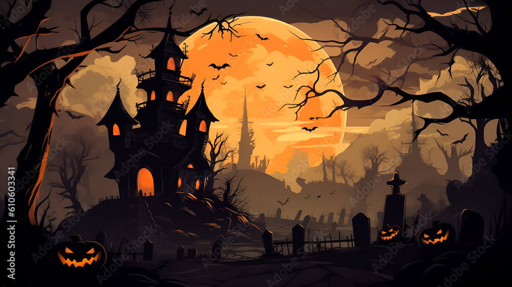 Halloween scenery with full moon, graveyard, pumpkins, castle.